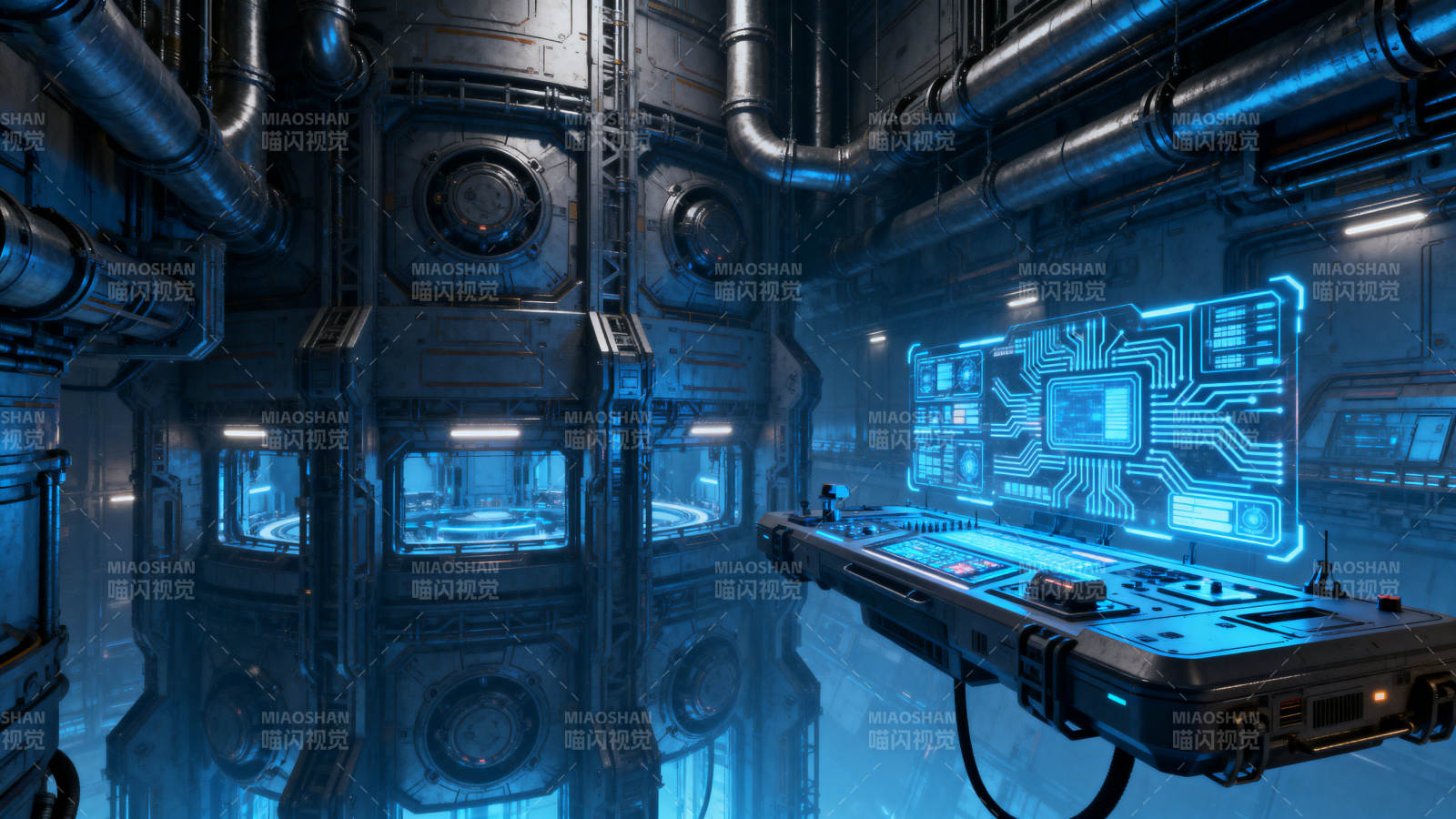 科幻工业控制室内部场景图片