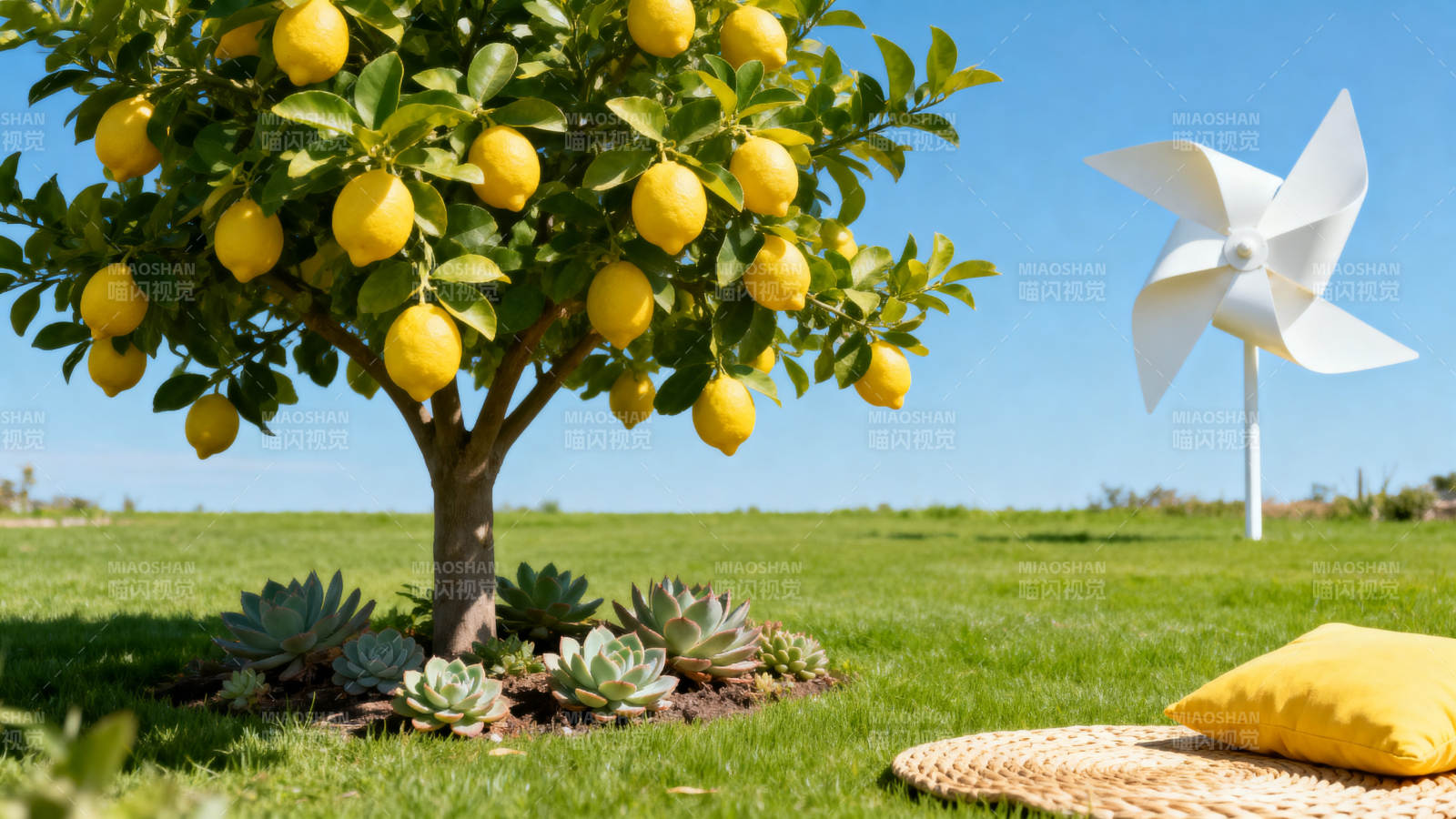 柠檬树与风车的田园风光图片