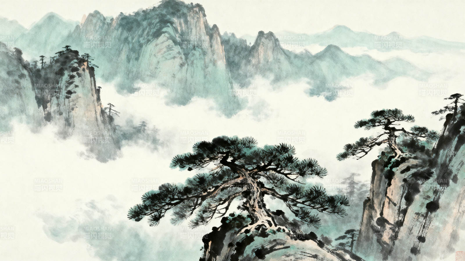 水墨山水松树云海图片