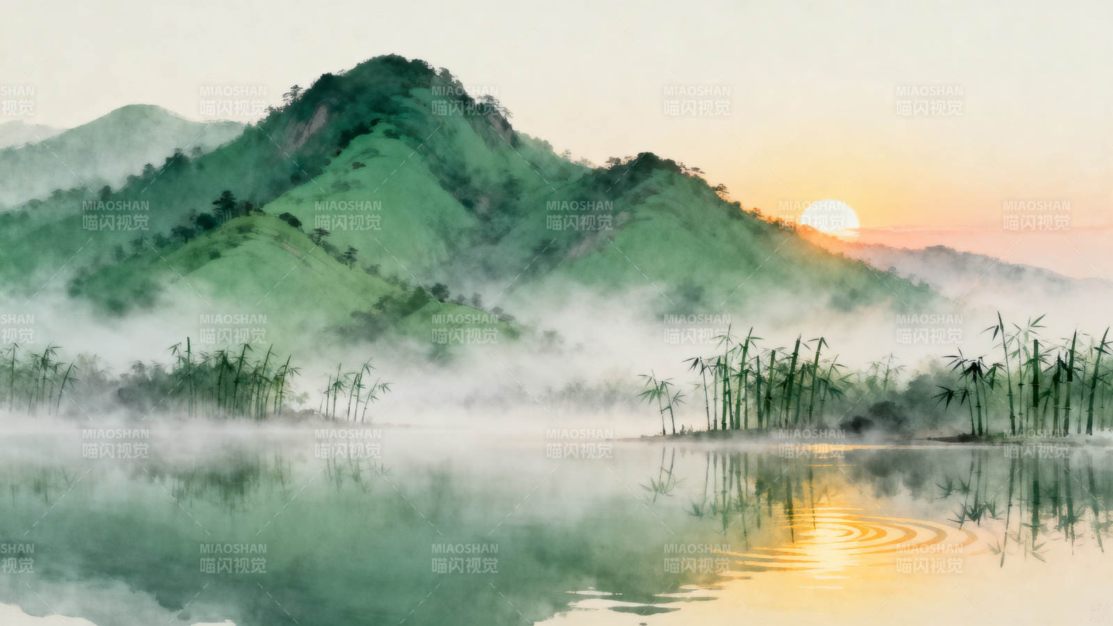 山水日出水墨画图片