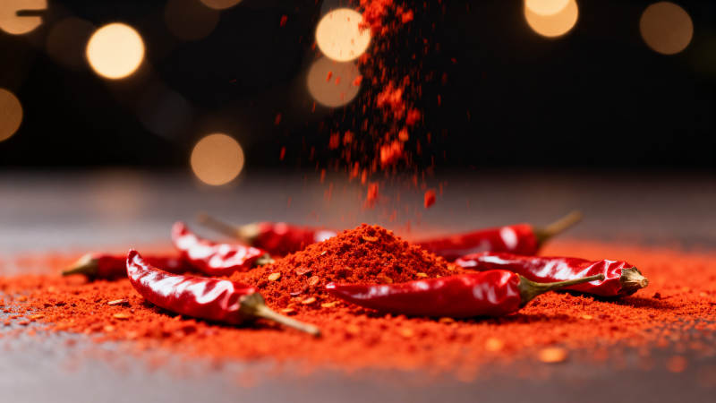 红辣椒与辣椒粉的特写图片
