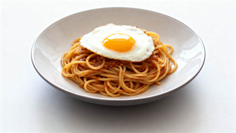 意面配煎蛋的美味早餐图片
