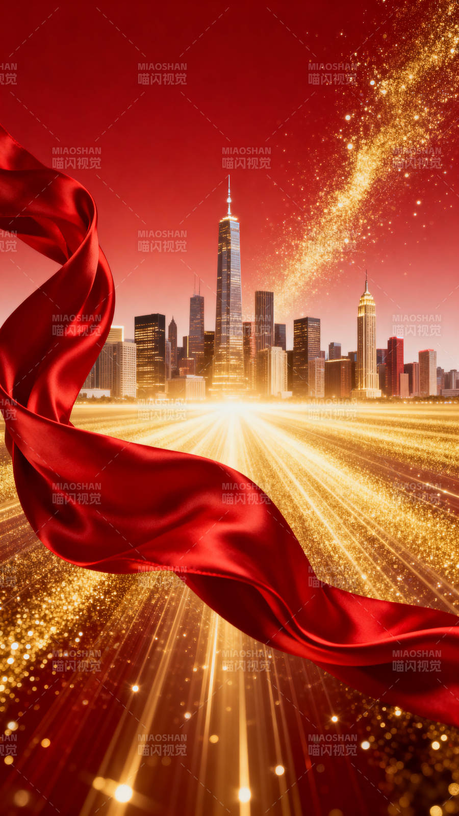 城市辉煌红绸背景图片