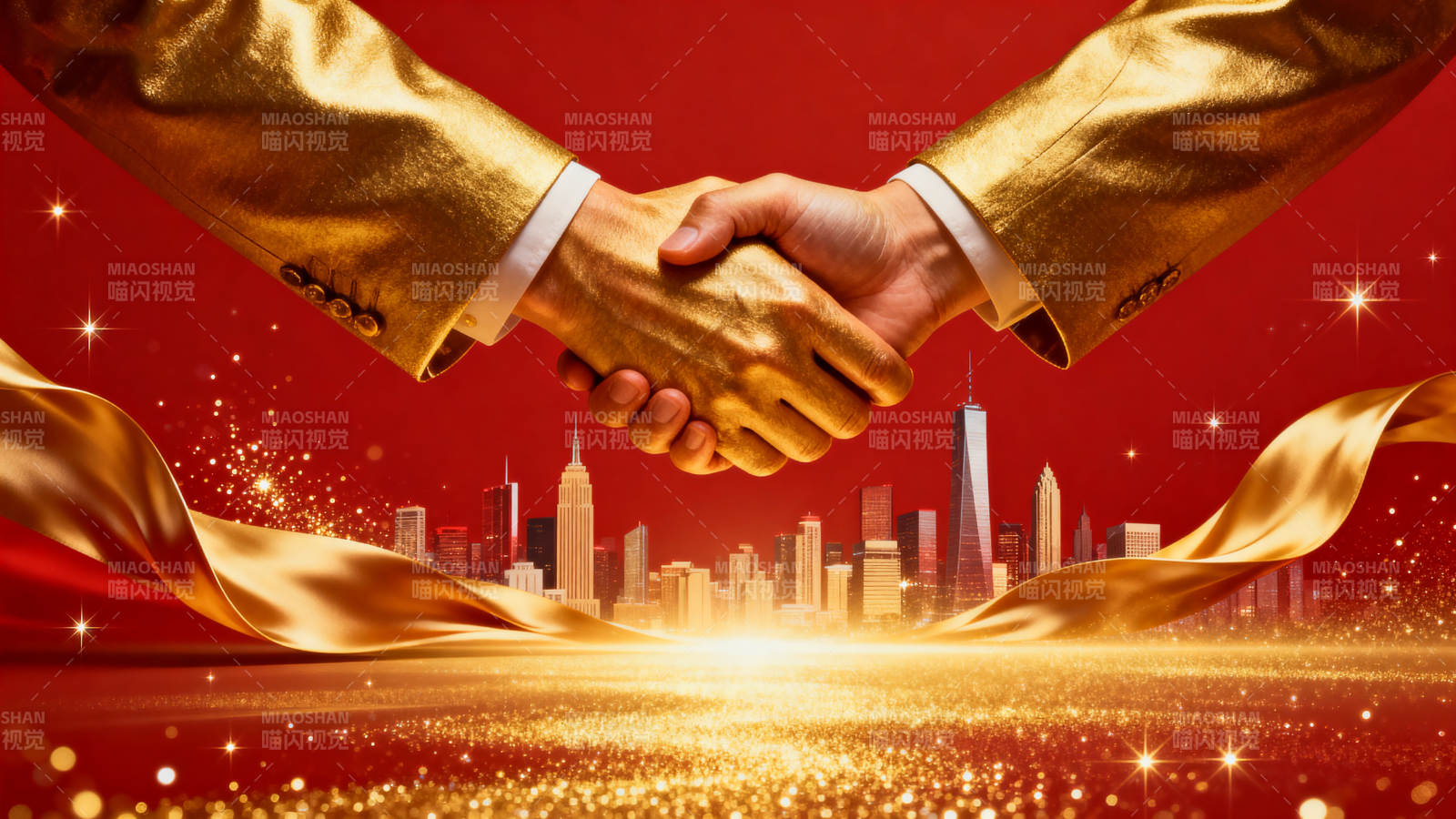 金色握手城市背景图片