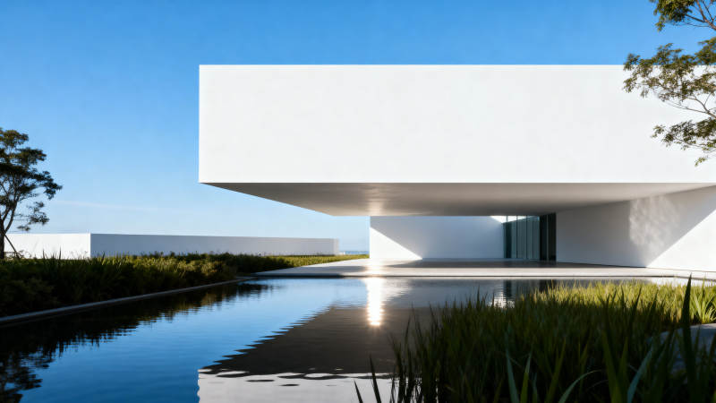 极简主义白色建筑与水景图片