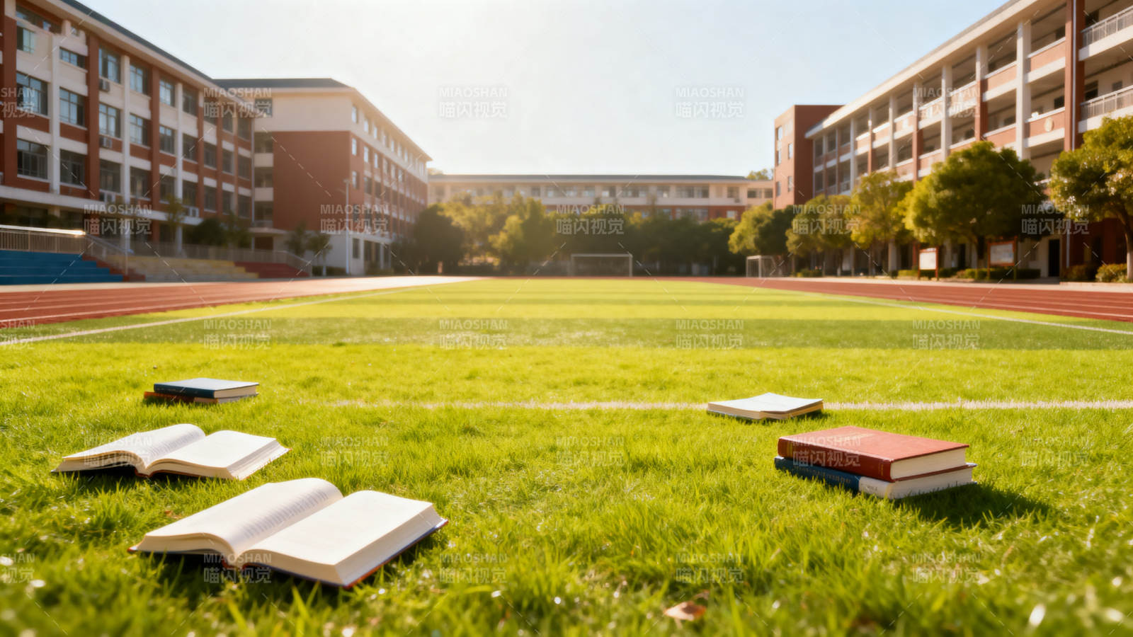 校园操场阳光下的书籍图片