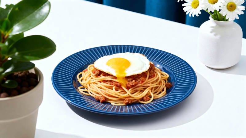 蓝色盘子上的意面煎蛋图片