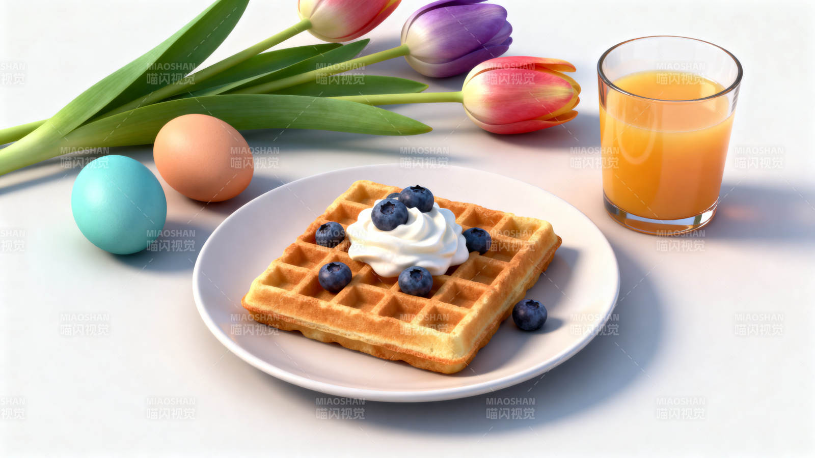 华夫饼与橙汁的早餐图片