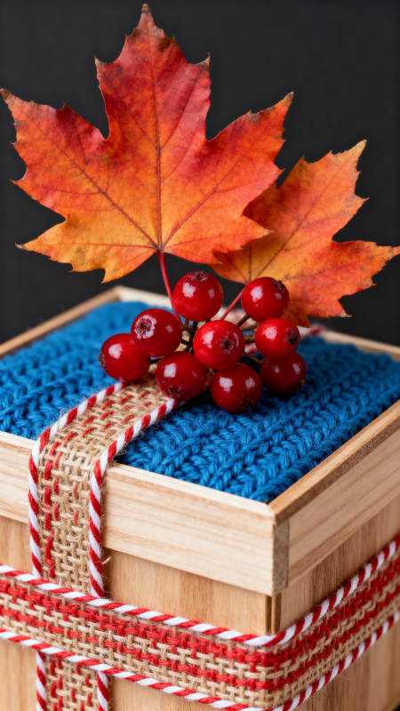 秋季礼物盒与红果装饰图片