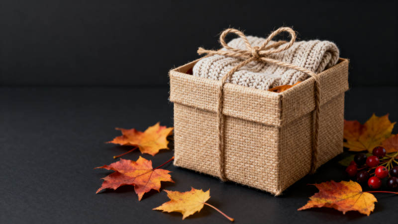 秋季礼物盒与枫叶装饰图片