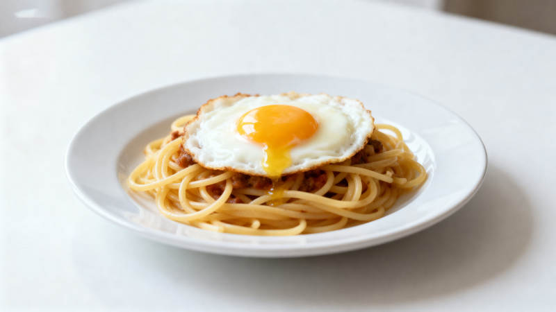 煎蛋意大利面美食特写图片