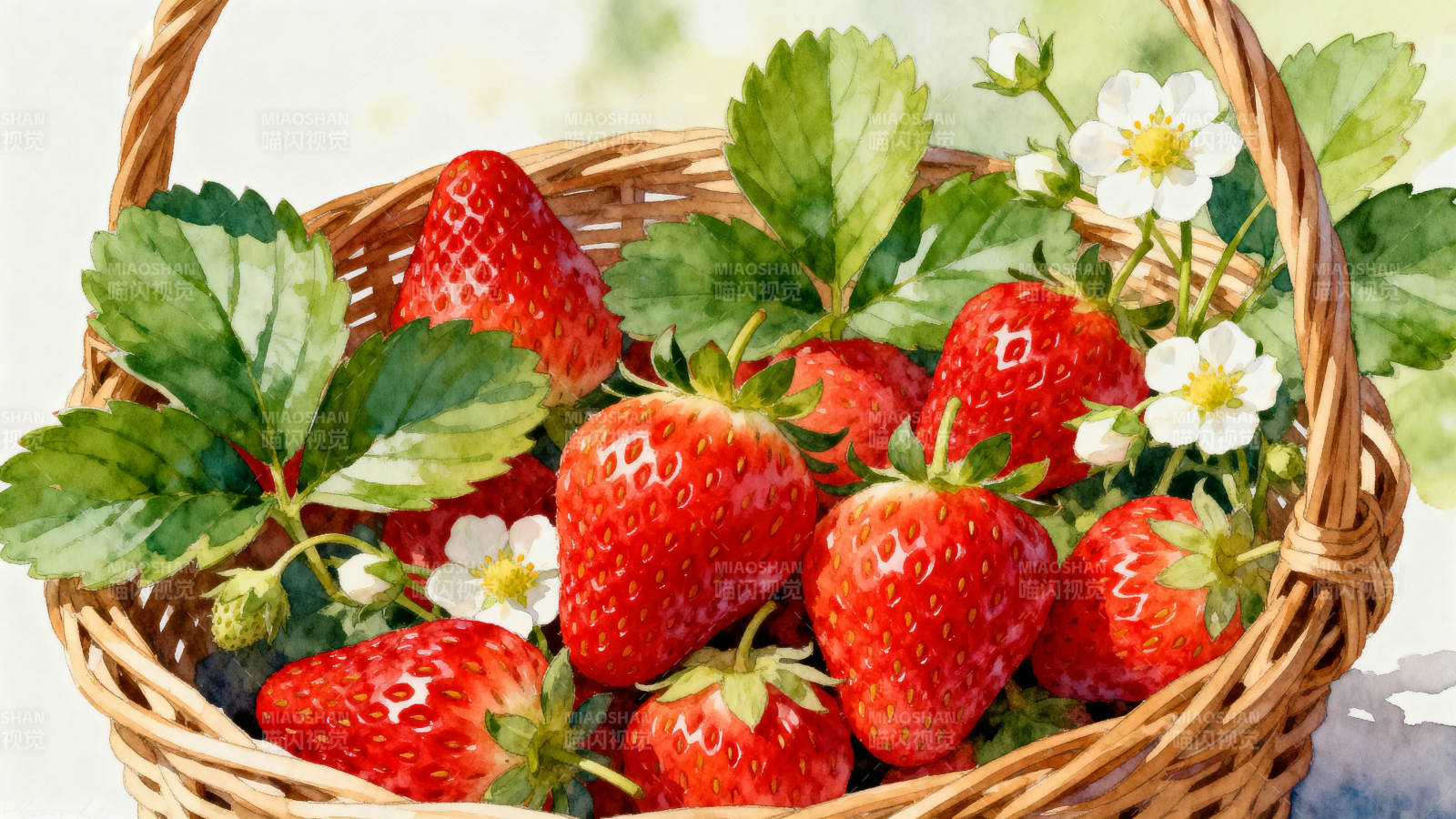 新鲜草莓篮子水彩画图片