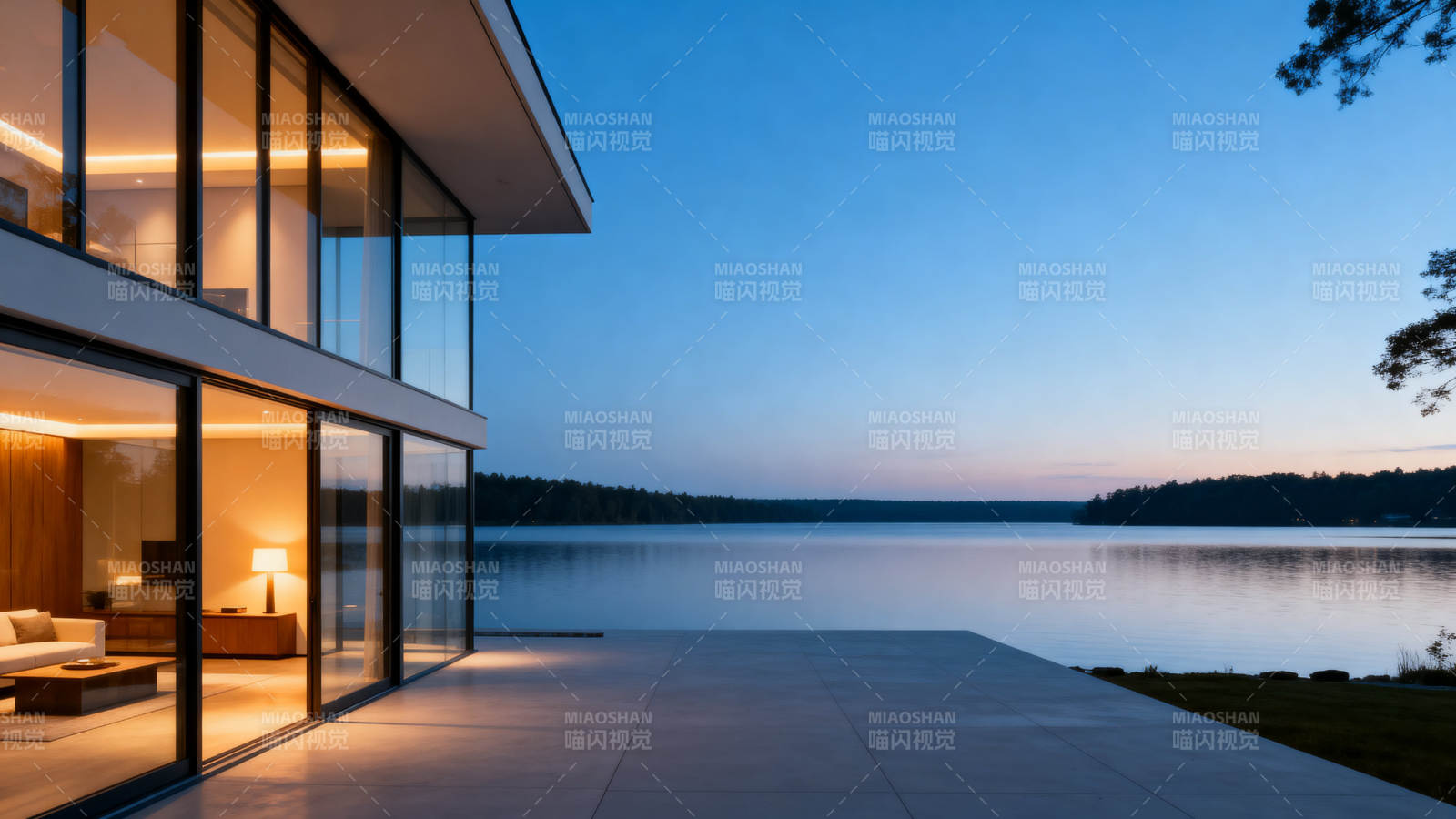 现代湖畔别墅黄昏美景图片
