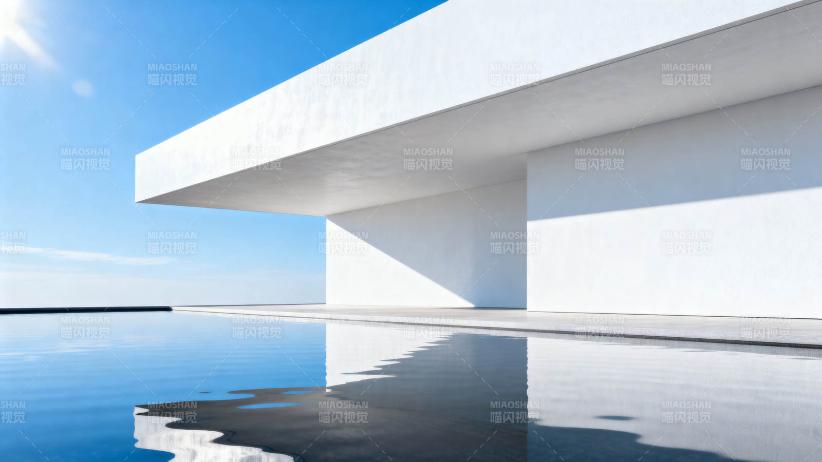 极简白色建筑与水面倒影图片