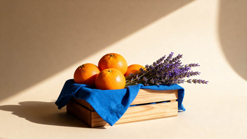 阳光下的橙子与薰衣草图片