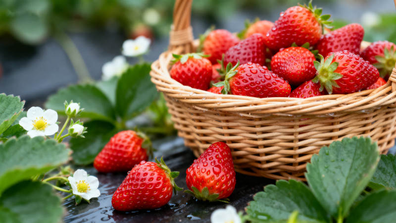 新鲜草莓篮子与草莓田图片
