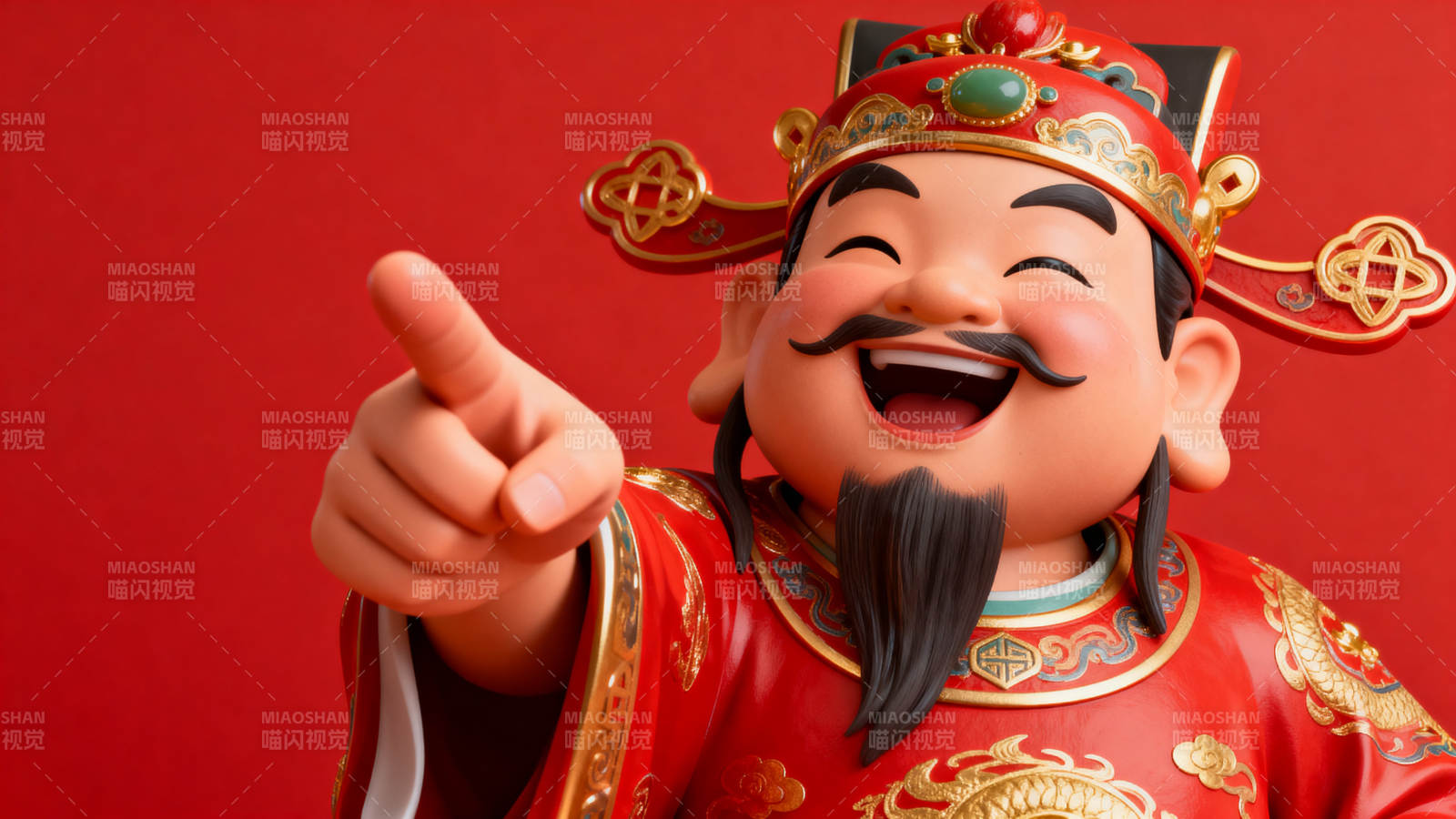财神爷指向前方笑容满面图片