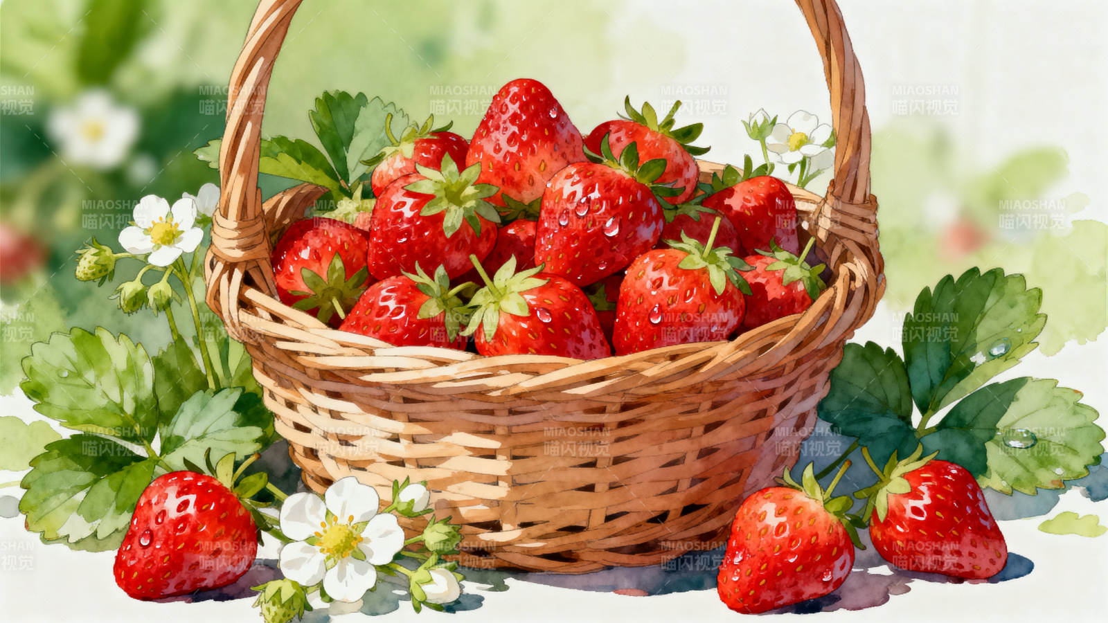 新鲜草莓篮子静物插画图片