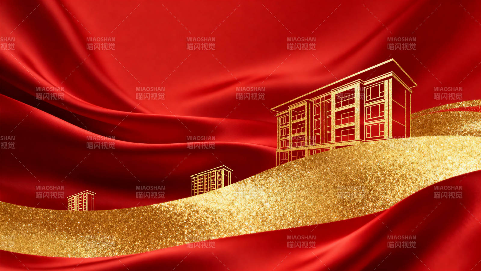 红色背景金色建筑线条图片