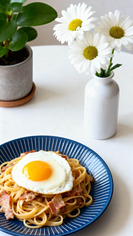 阳光煎蛋培根意面图片