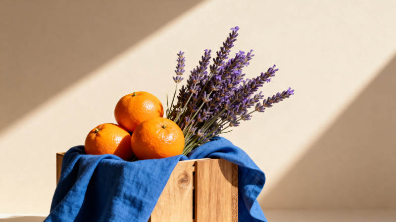 木箱中的橘子与薰衣草图片