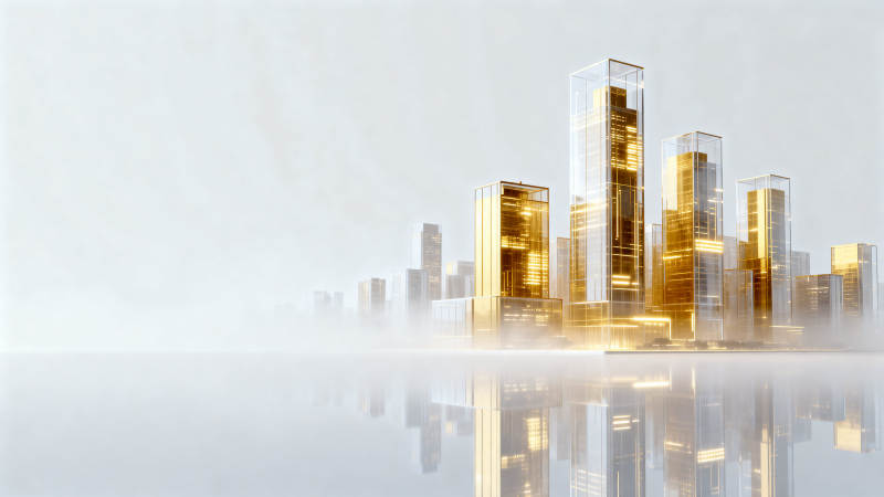 金色高楼城市倒影图片