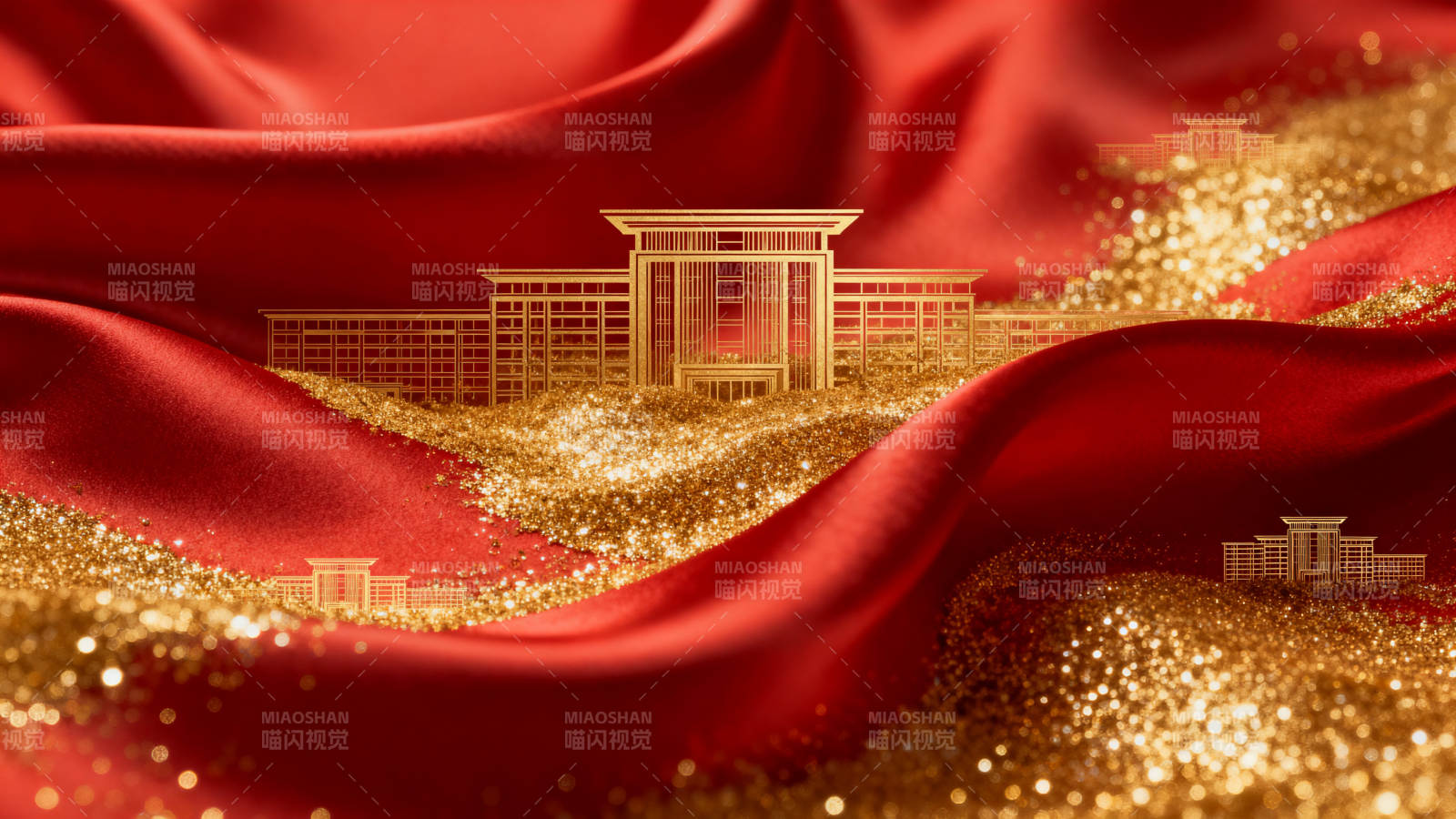 金色建筑红色绸缎图片