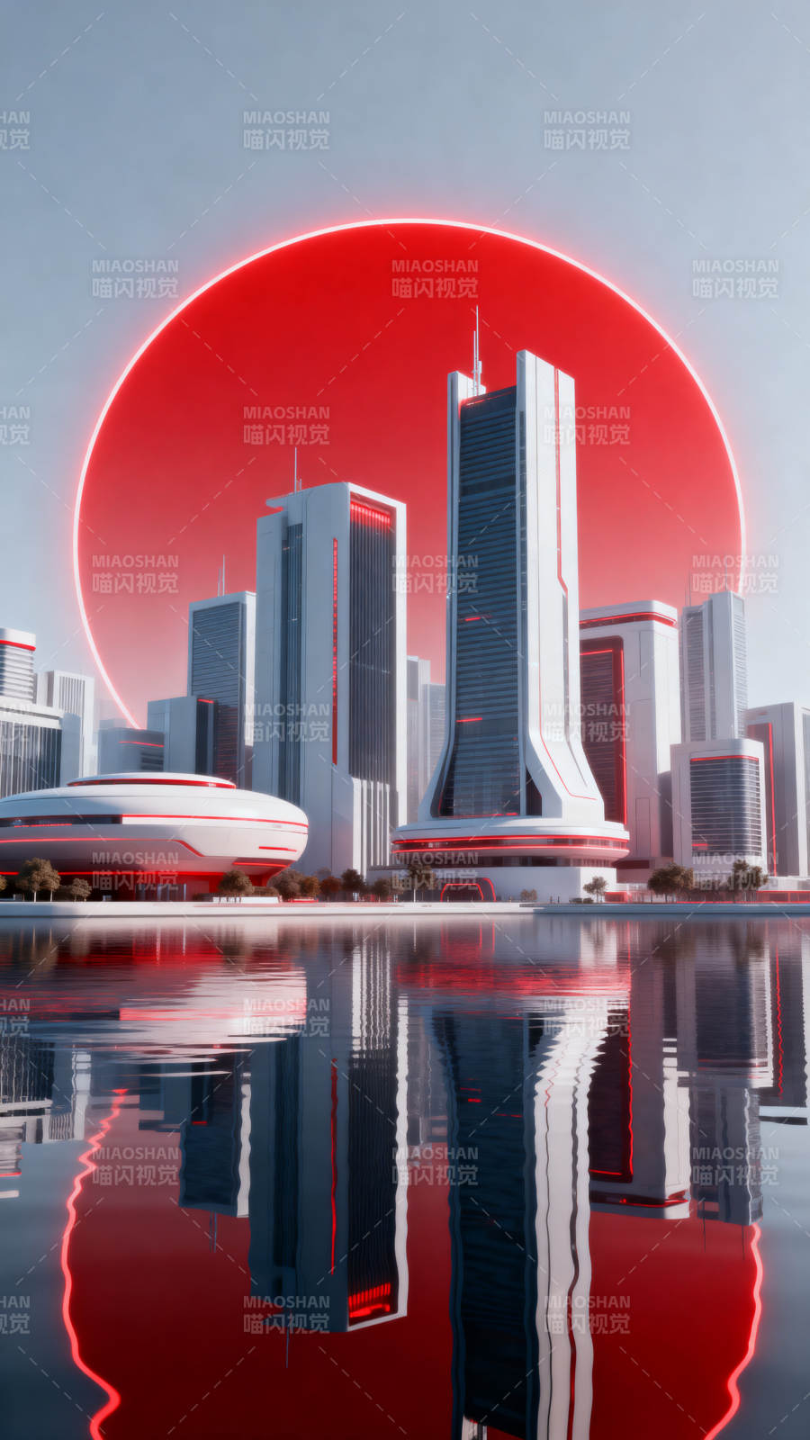 未来城市红色太阳图片