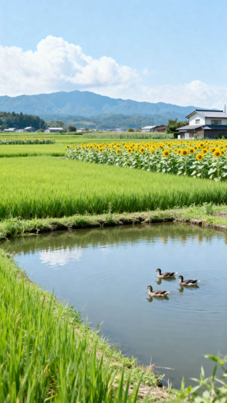 田园风光稻田与向日葵图片