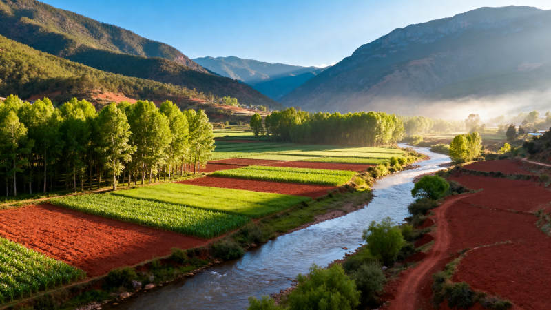 山谷河流与田野风光图片