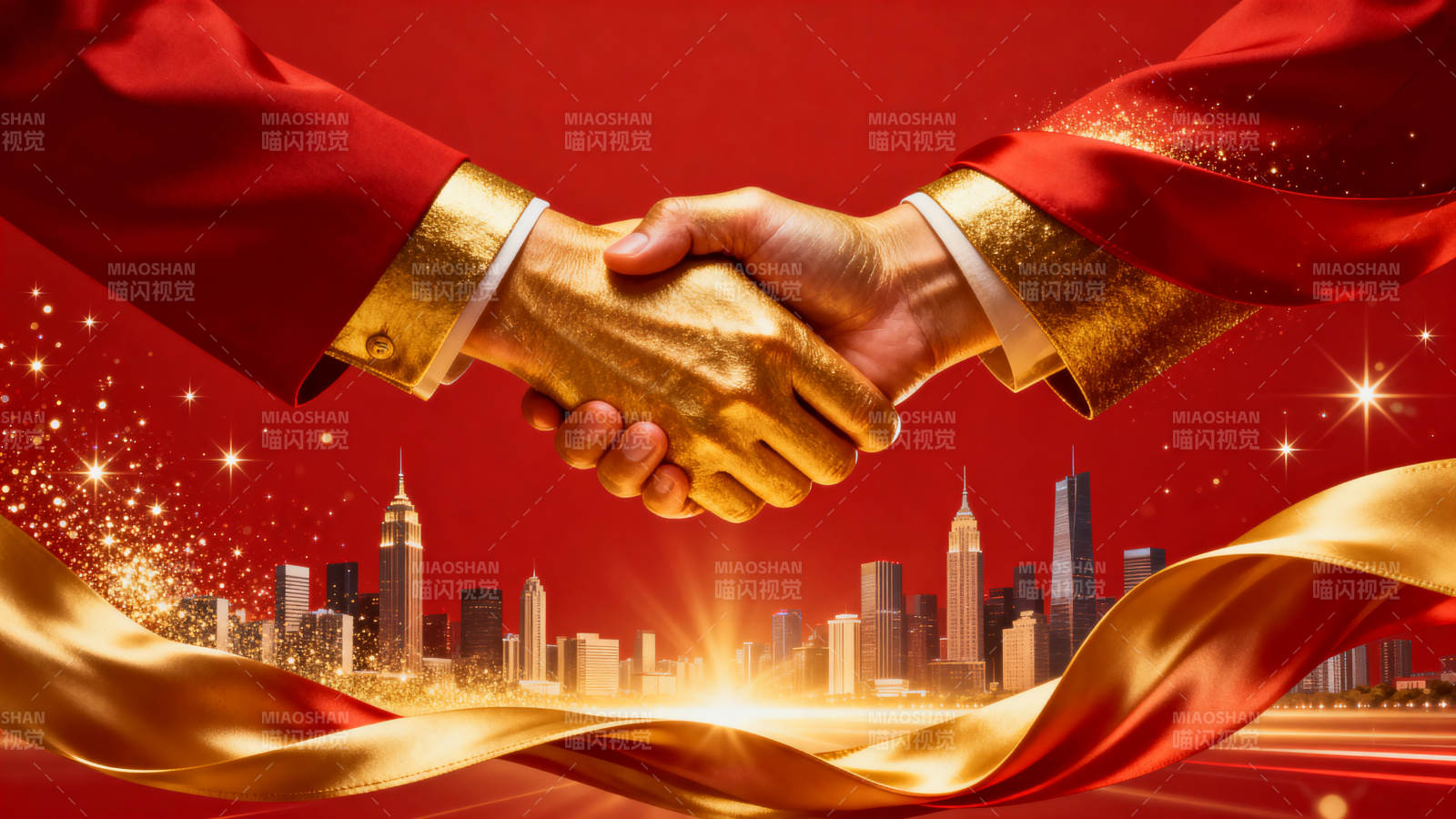 金色握手城市背景图片