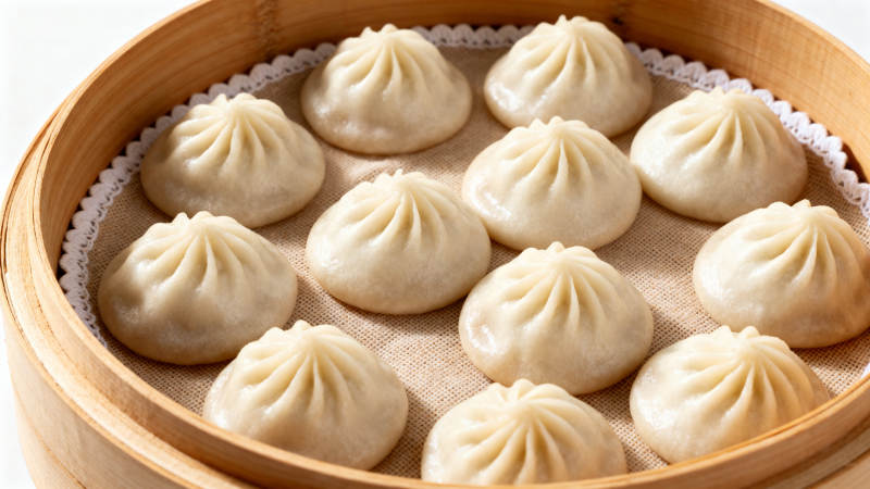 蒸笼里的小笼包特写图片