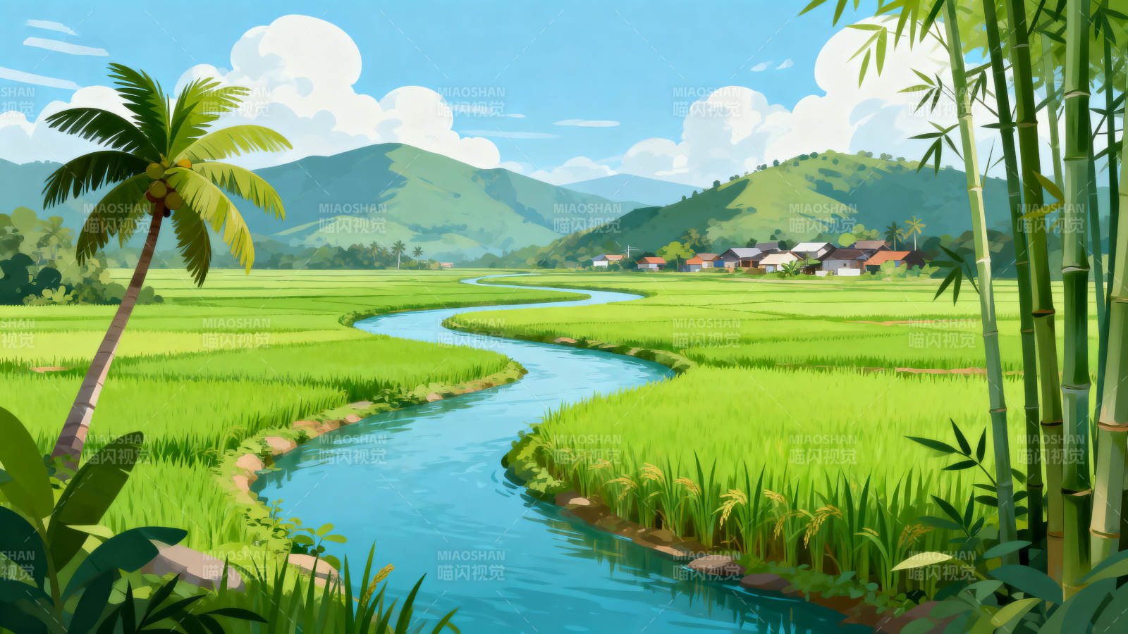 稻田河流乡村风光图片