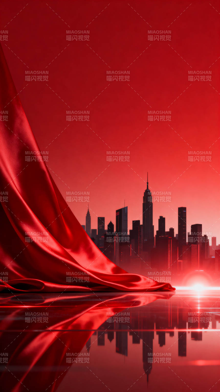 红色幕布与城市天际线图片
