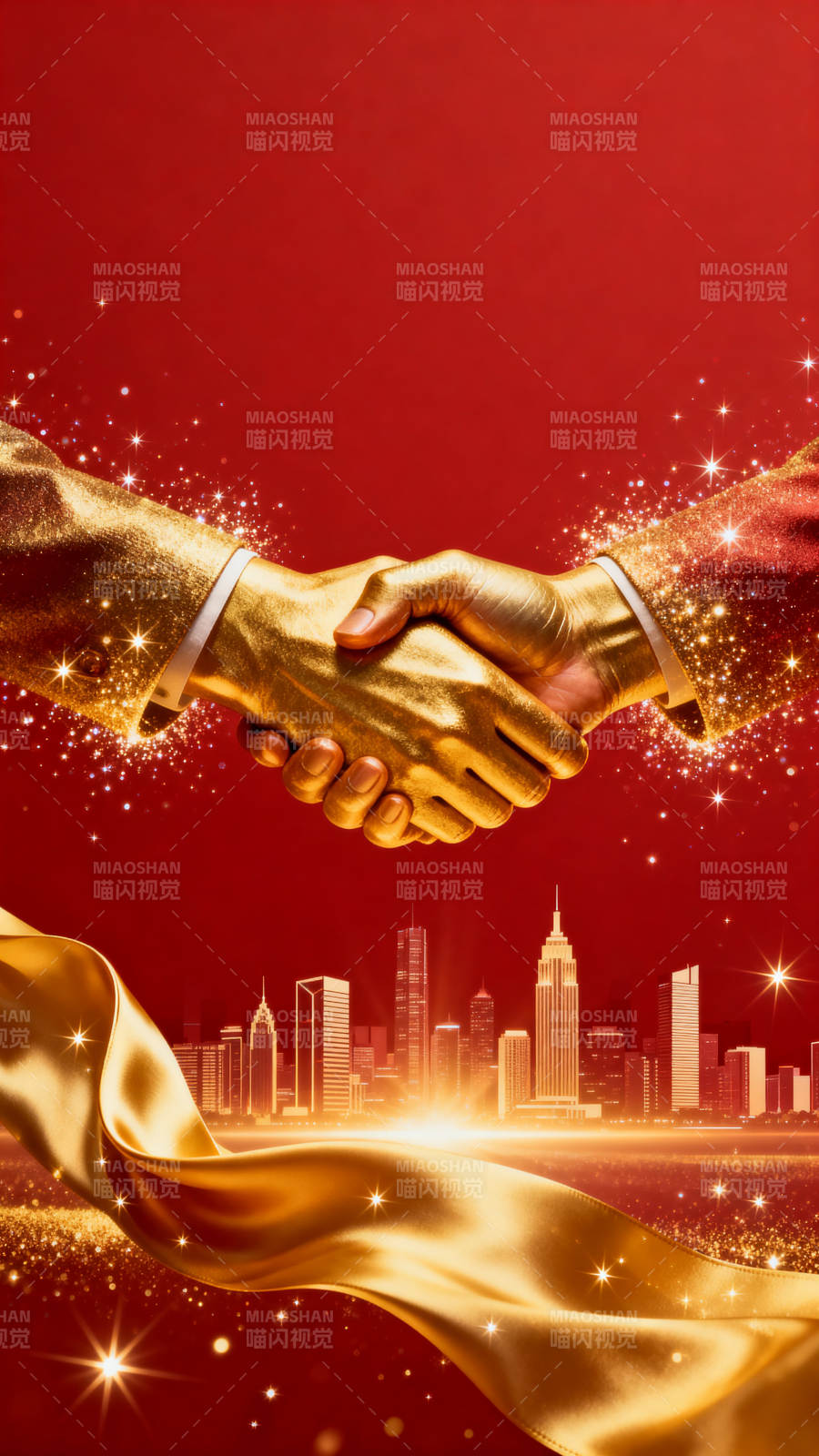 金色握手城市背景图片