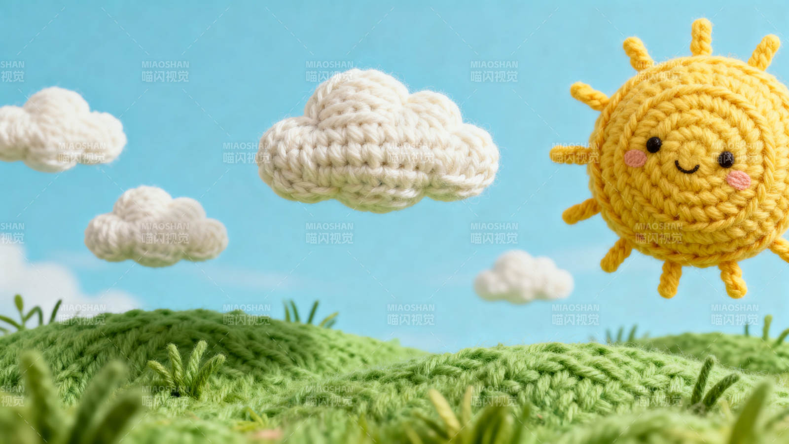 针织太阳与云朵的可爱场景图片