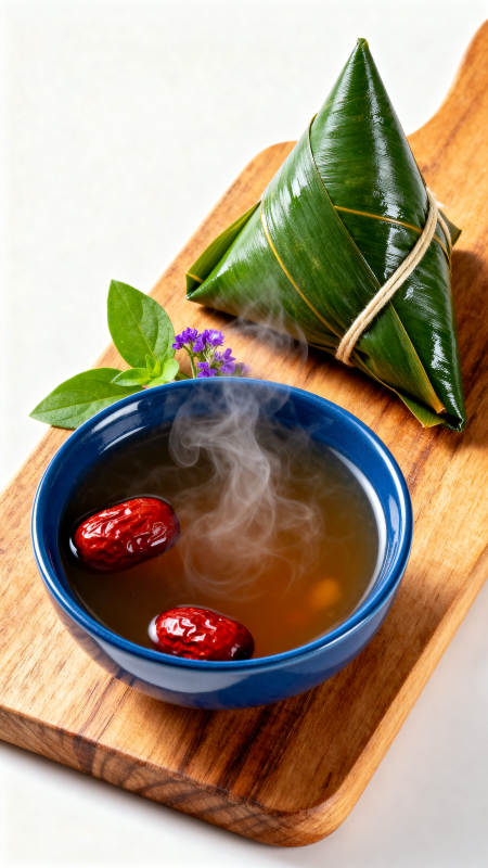 粽子与红枣热汤的传统美食图片