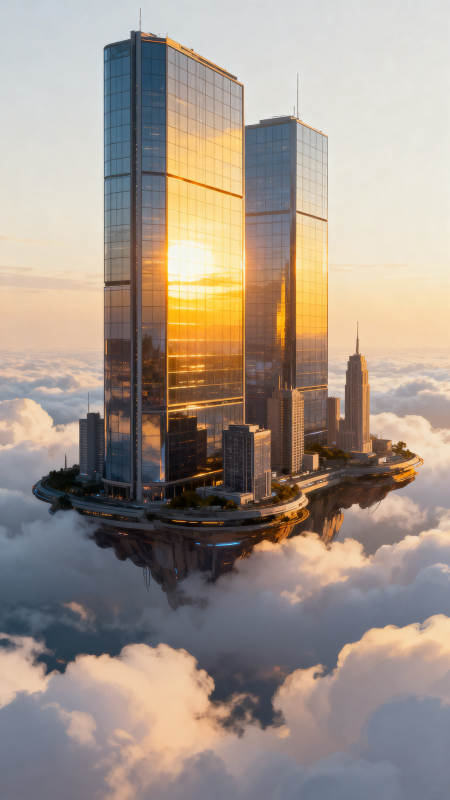 云中悬浮城市夕阳美景图片