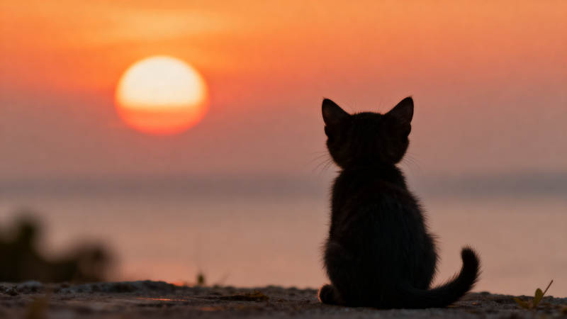 小猫看日落图片