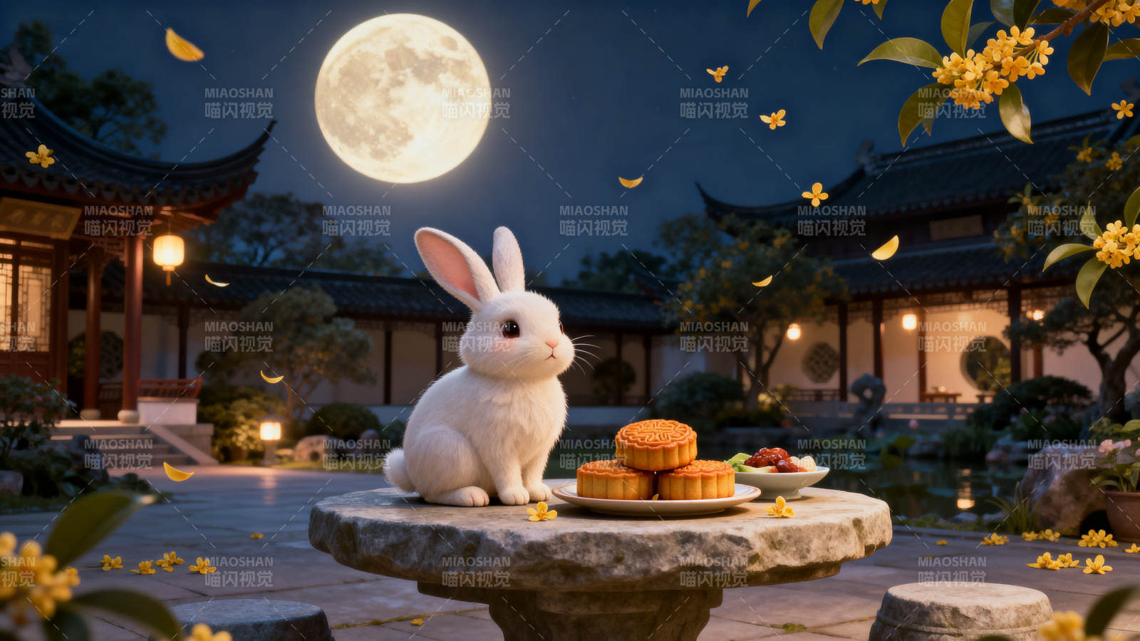 中秋月夜玉兔与月饼图片