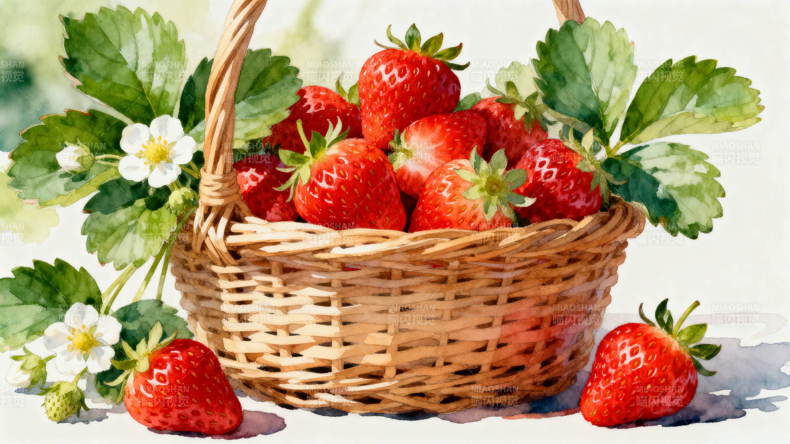 新鲜草莓篮子静物水彩画图片