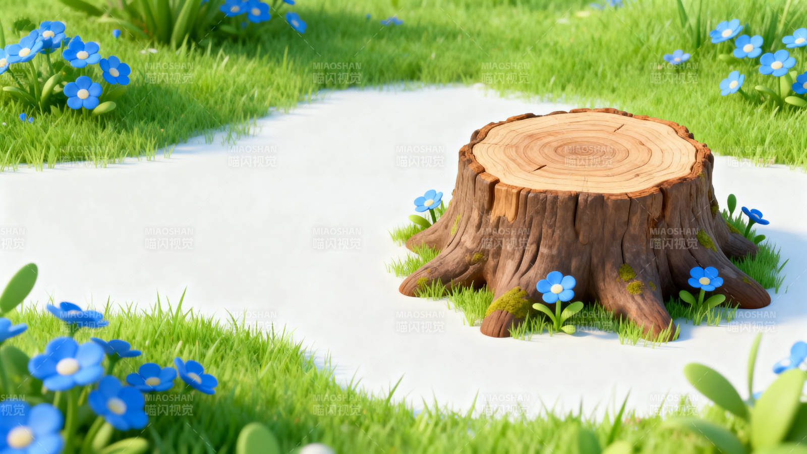 树桩与蓝色花朵的自然场景图片
