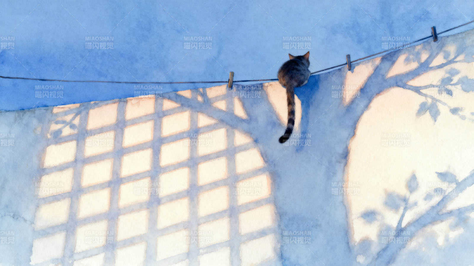 猫咪晒衣绳上的黄昏图片