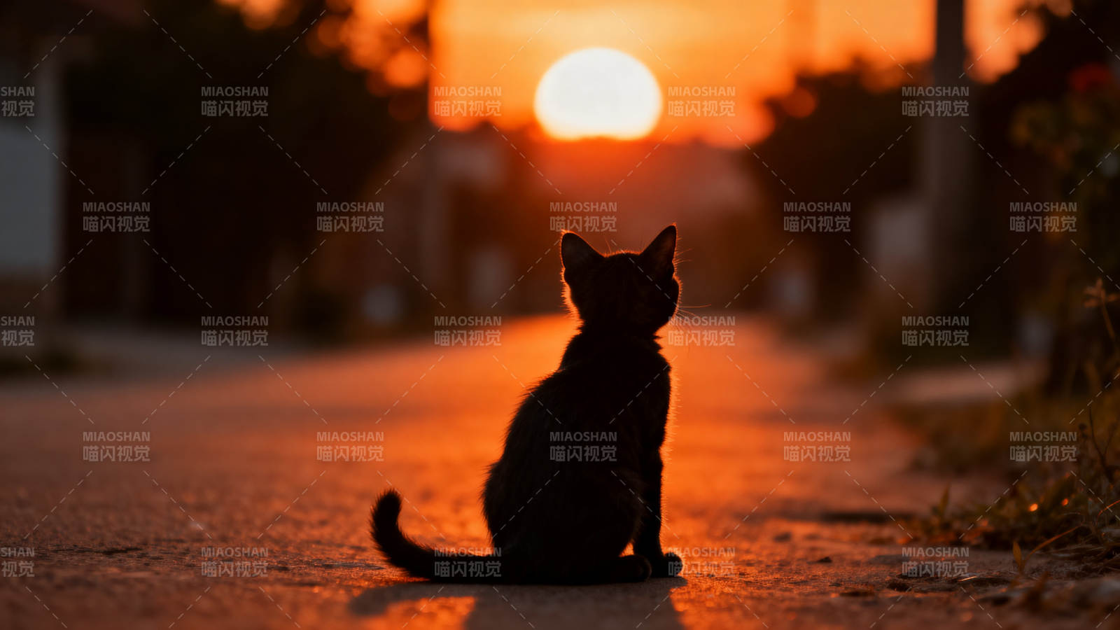小猫背影与日落图片