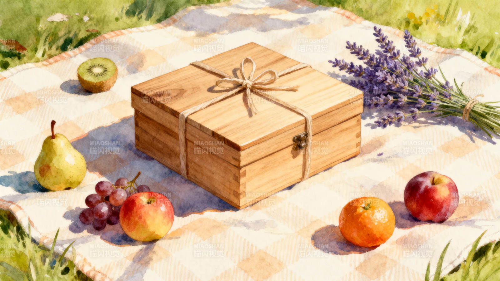 野餐水果与木盒的夏日时光图片
