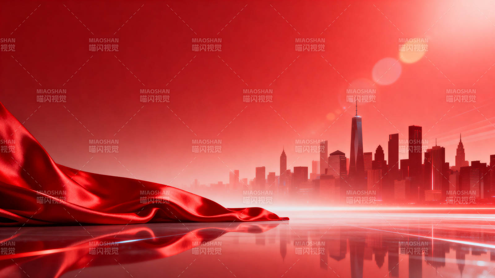 红色绸缎与城市天际线图片