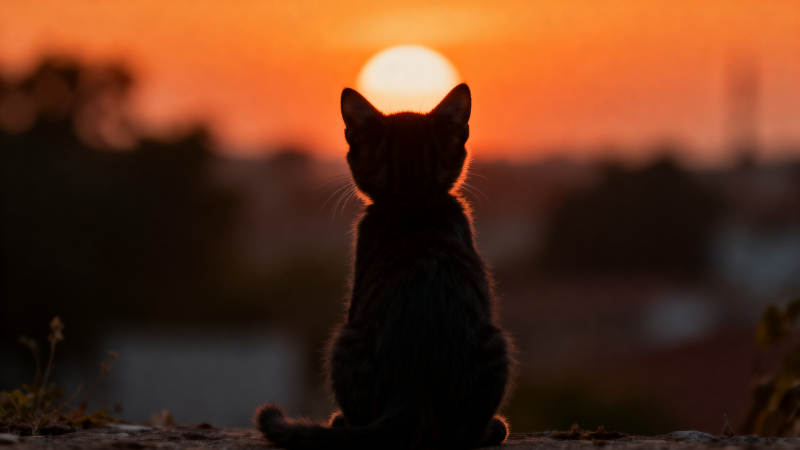 小猫背影与日落图片