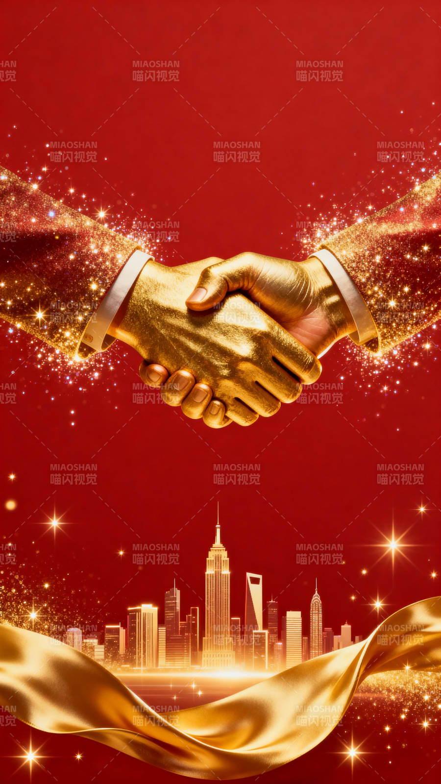 金色握手城市背景图片