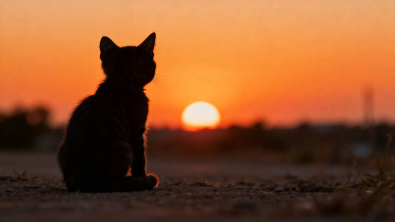 小猫背影看日落图片