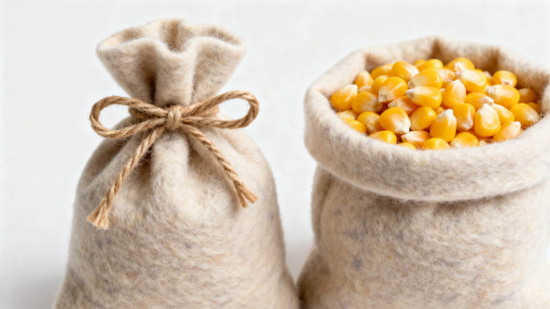 玉米粒和布袋的特写图片